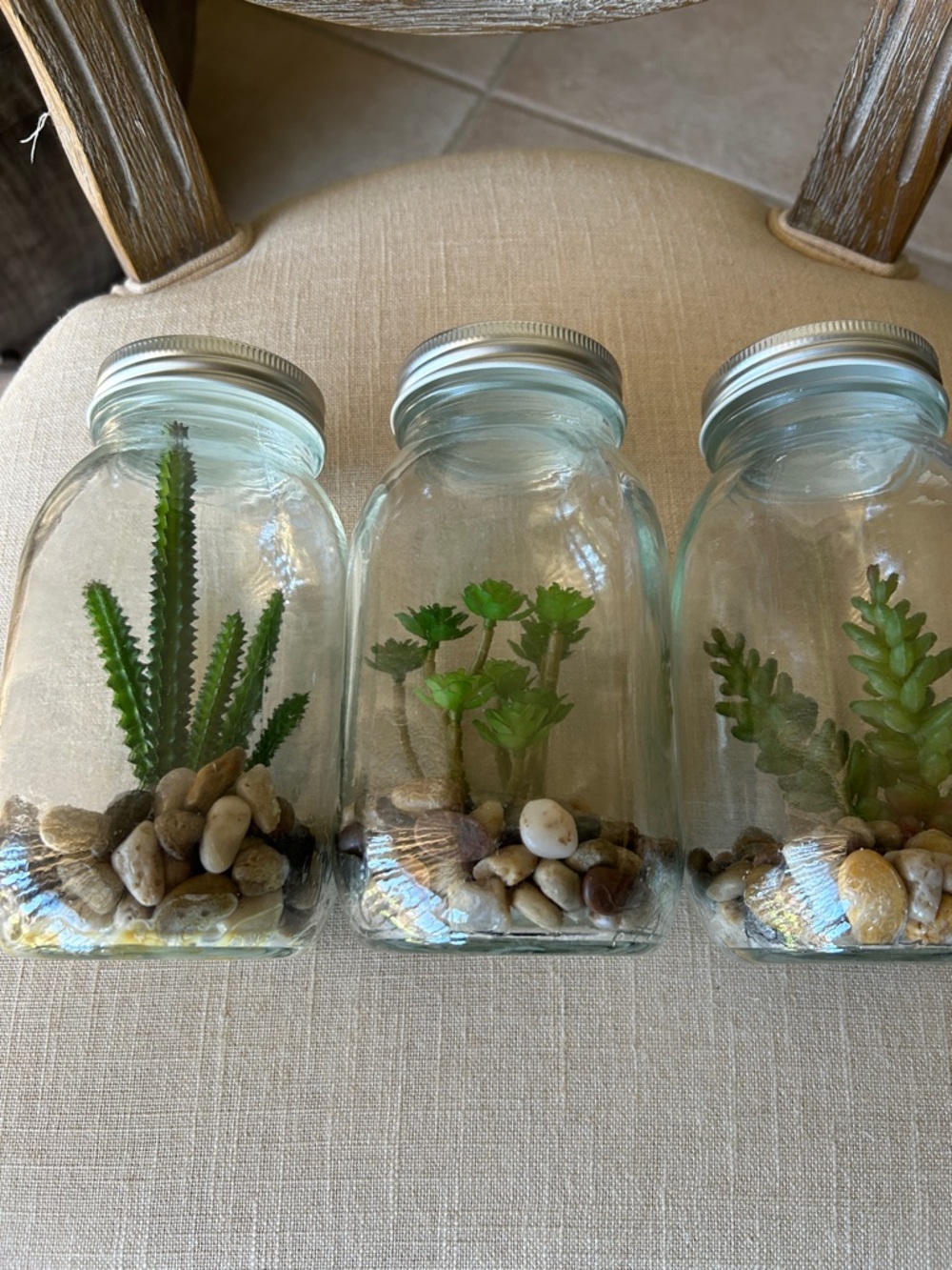 Glass Jar Succulent Trio - Green Faux Plants in Clear Mason-style Jars